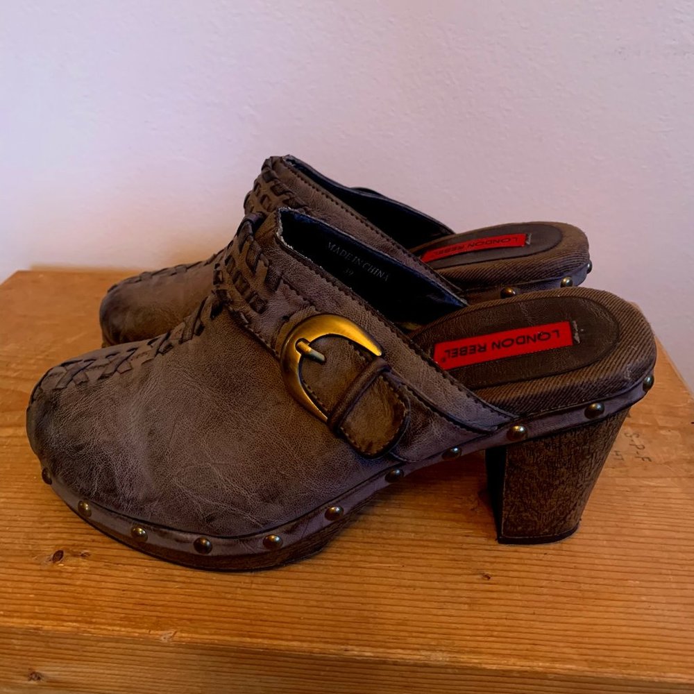 Distressed looking brown leather London Rebel clogs